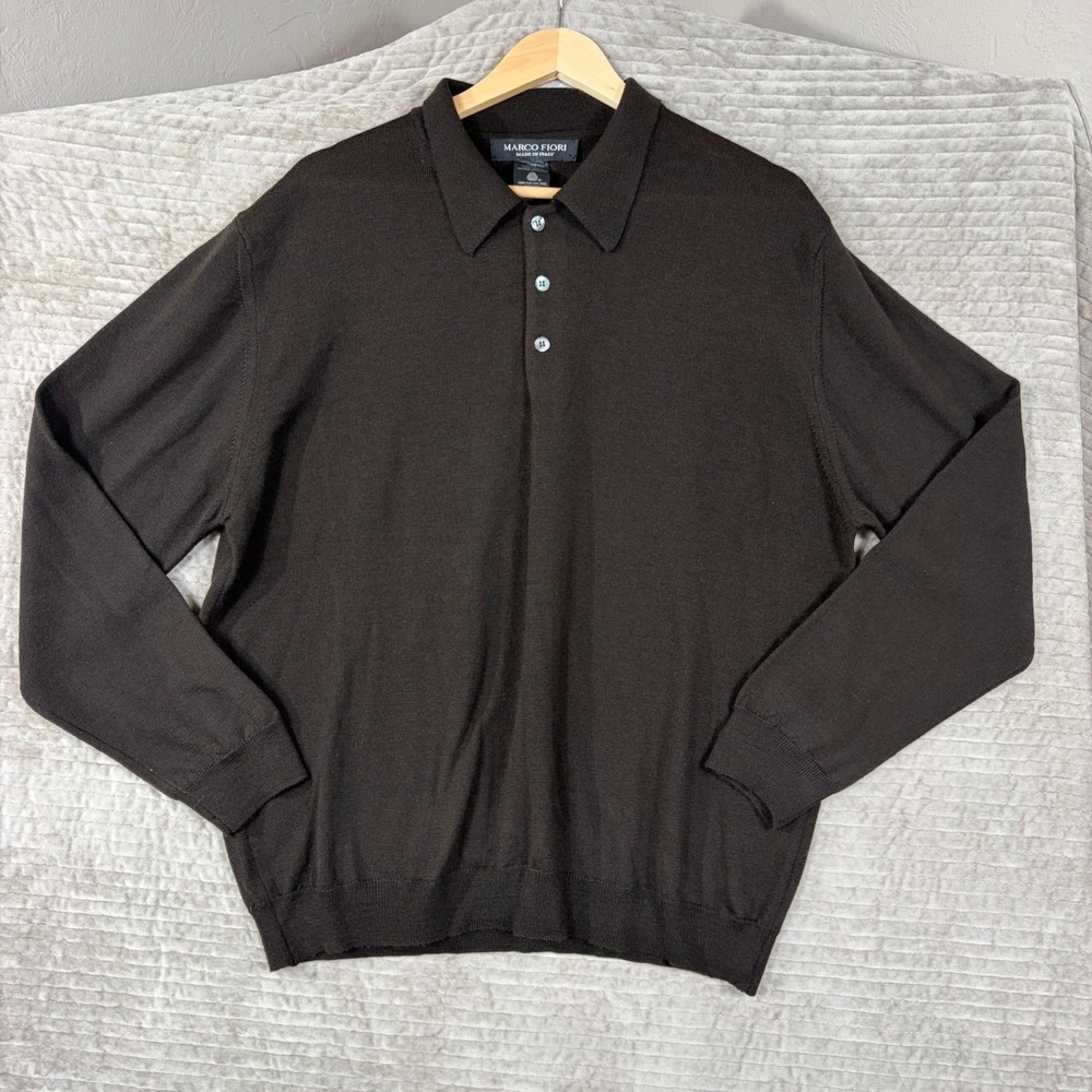 Marco Fiori Italy XXL Brown 100% Extrafine Merino Wool Long Sleeve Polo Shirt